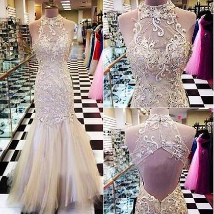 Light Champagne Tulle Lace Open Back Long Mermaid..