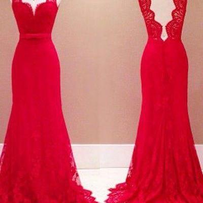 Sweetheart Red Lace Long Evening Dress, A-line..