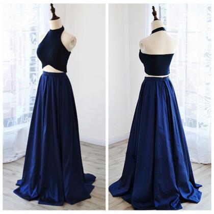 Navy Blue Satin Two Pieces Long A-line Senior Prom..