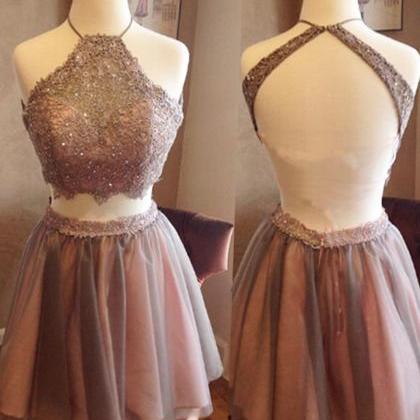 Cute Two Pieces Backless Short Lace Homecoming..