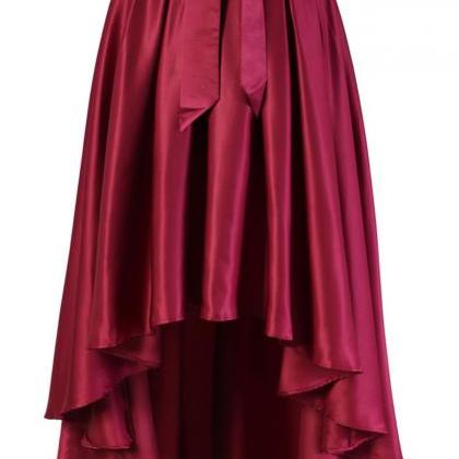 Burgundy Satin High-low Skirt With Front Bow