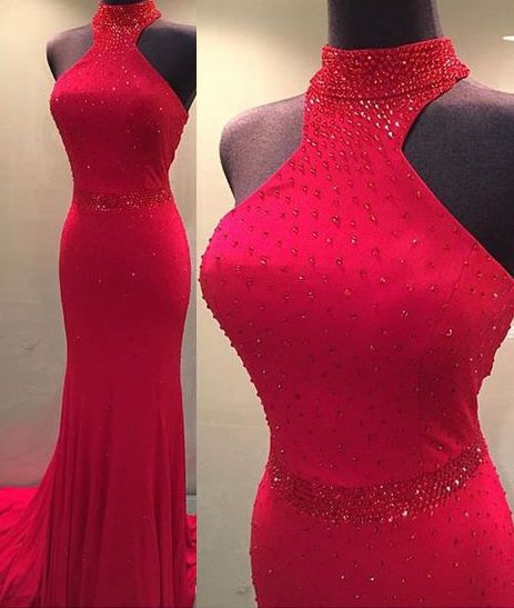 Strapless Red Backless Long Slim Evening Dress, Crystal Handmade Mermaid Prom Dress, Party Dress