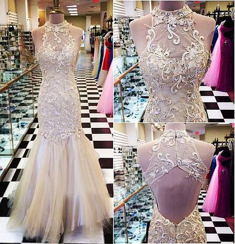 Light Champagne Tulle Lace Open Back Long Mermaid Prom Dresses, Design Sexy Formal Evening Dress