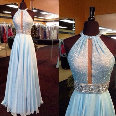Stunning Baby Blue Chiffon O-neck Long Handmade Sequins And Beaded Prom ...