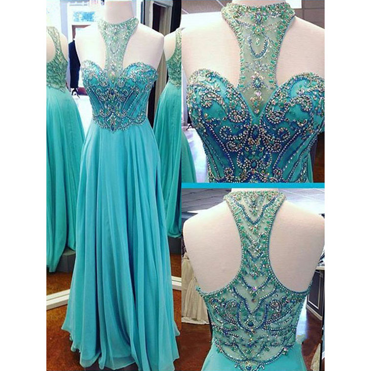 Pretty Blue O-neck Open Back Long Sequins Prom Dress, Formal Dress, Evening Dress