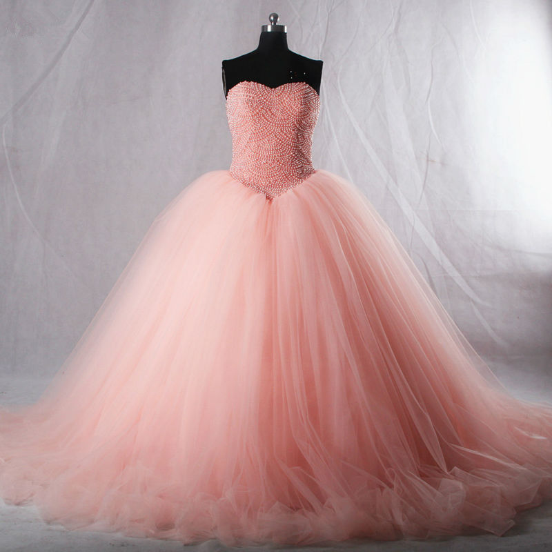 Sweetheart Pink Organza Princess Long Ball Gown, Formal Puffy Prom Dresses With Pearls, Wedding Dress