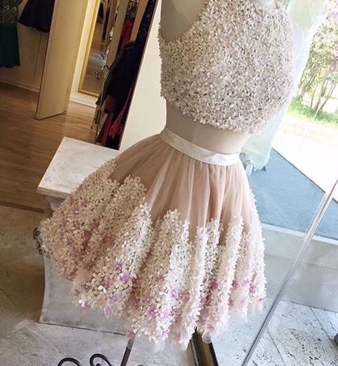 Cute Champagne Tull Flower Lace Appliques Short Prom Dress, Two Pieces Party Dress