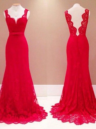 Sweetheart Red Lace Long Evening Dress, A-line Handmade Formal Prom Dress, Bridesmaid Dress