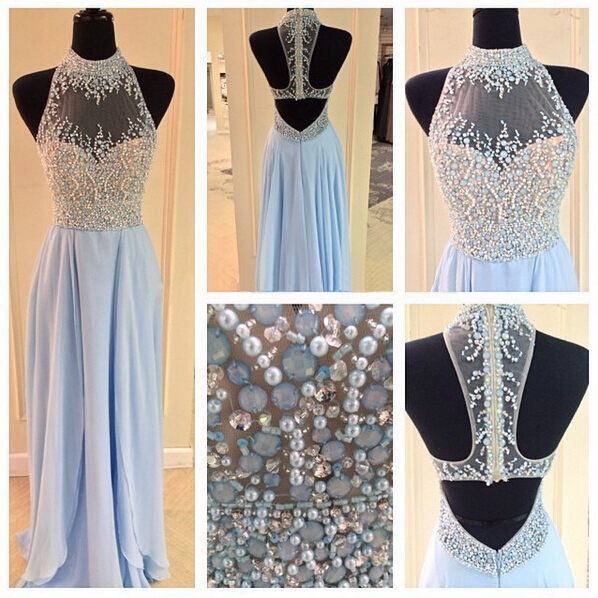 Chiffon Wrap-Front Beaded Long Sleeve Formal Dress Sky Blue