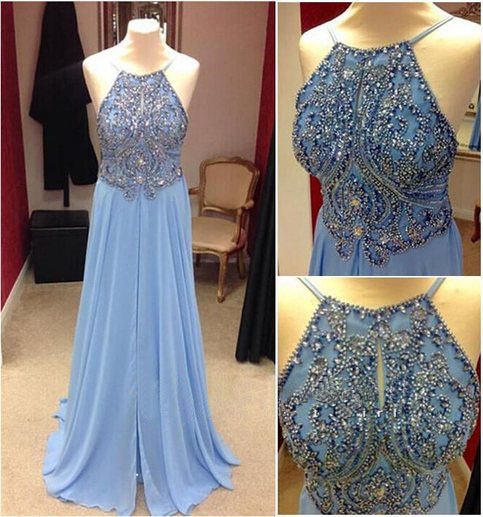 Light Blue O-neck Backless Handmade A-line Long Prom Dresses, Cute Custom Size Evening Dress
