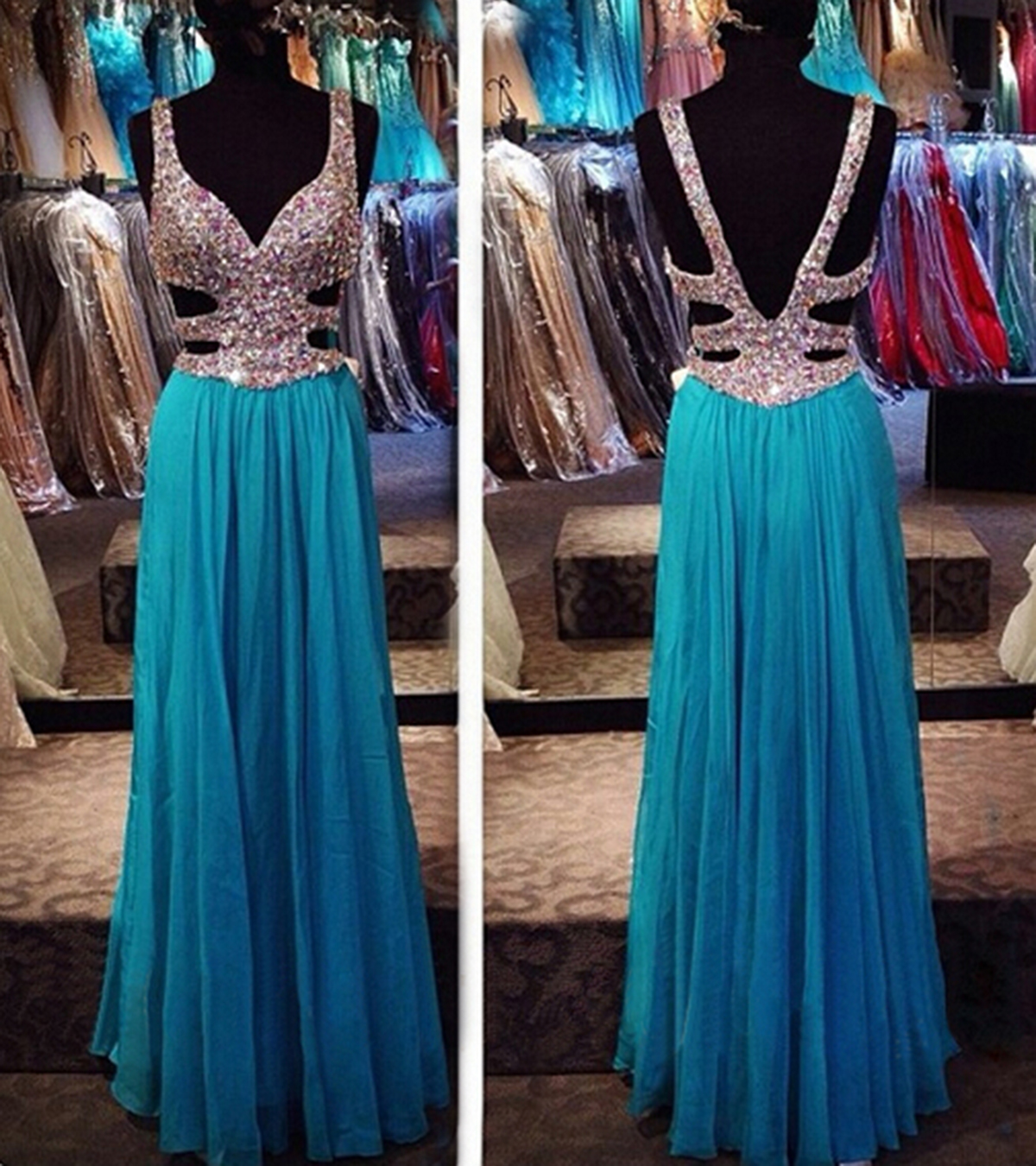 Sweetheart Blue Chiffon Hollow Out Long Evening Dress, A-line Floor Length Formal Dress, Prom Gown