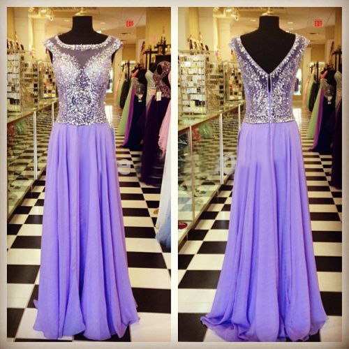 Pretty Lavender Chiffon Round Neck Sequins And Beading See Through A-line Long Evening Dress, 2017 Prom Gown