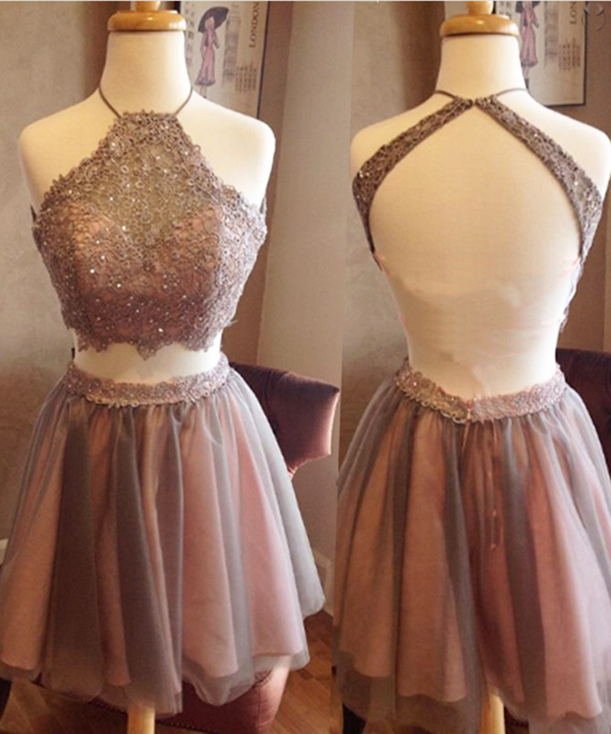 Cute Two Pieces Backless Short Lace Homecoming Dress, Brown Tulle Mini Dress, Bridesmaid Dress