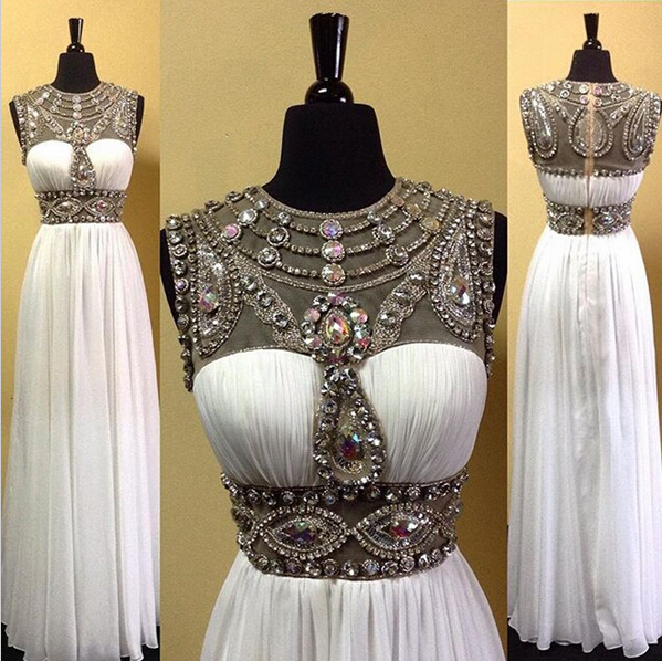 White Chiffon Round Neck Crystal Beading See-through Long A-line Senior Prom Dresses, Evening Dress