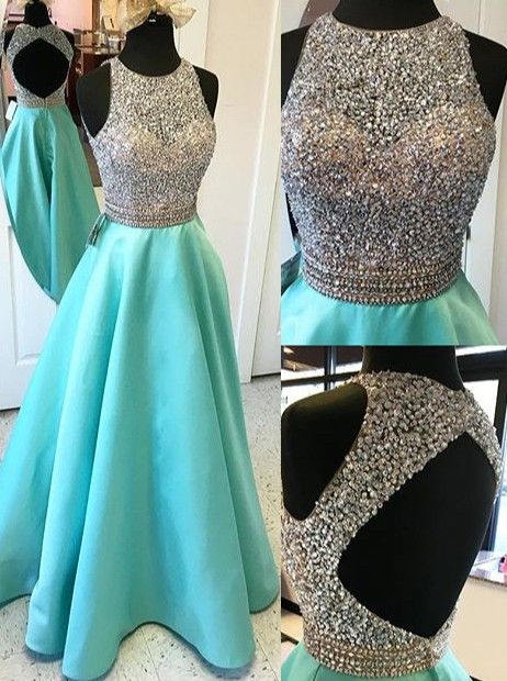 Cute Fresh Green Open Back Sequins Long Senior Prom Dress With Beads, O-neck A-line Handmade Evening Dress