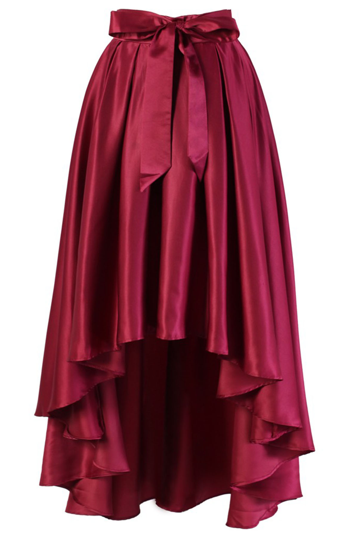 Burgundy Satin High-low Skirt With Front Bow