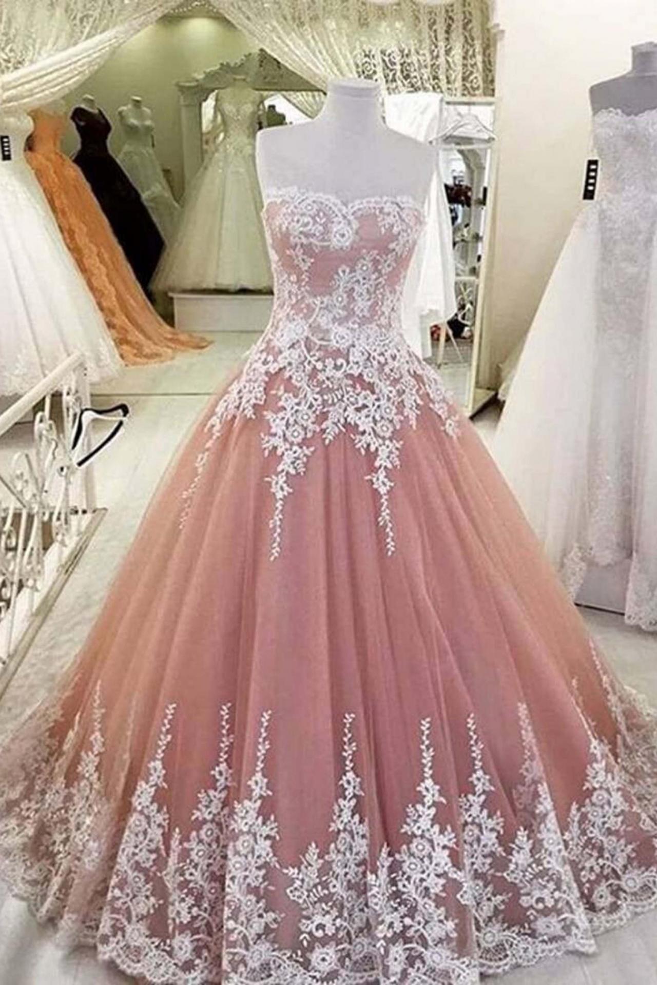Pink Organza Sweetheart Lace Applique Aline Long Prom Dresses
