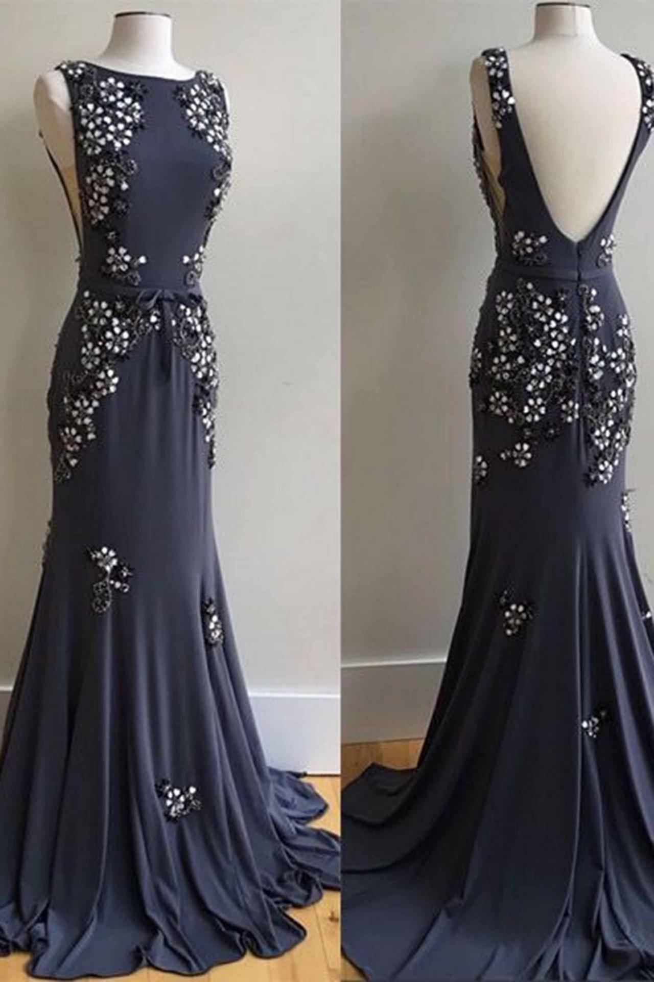 Dark Gray Chiffon Round Neck Open Back Beading Mermaid Prom Dresses,long Evening Dress