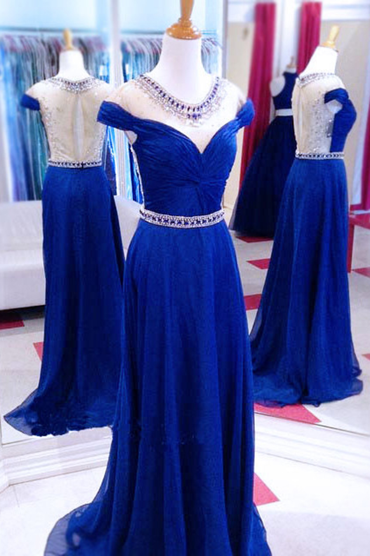 Navy Blue Sheer Beaded Ruched A-line Chiffon Long Prom Dress, Evening Dress Featuring Sheer Back And Cap Sleeves