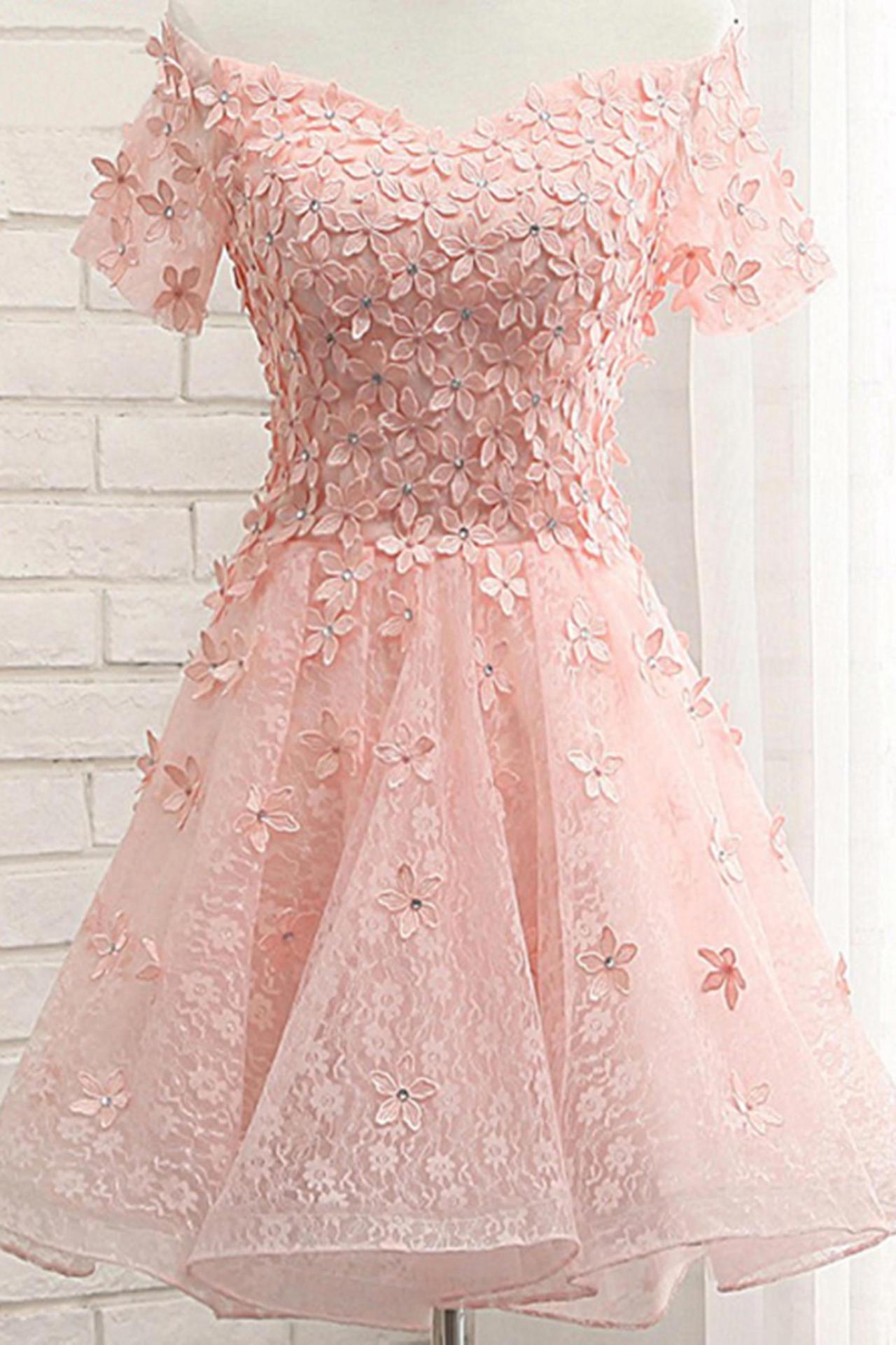 Pink Tulle Lace Off Shoulder Short Sleeve Homecoming Dress With Applique,party Dress