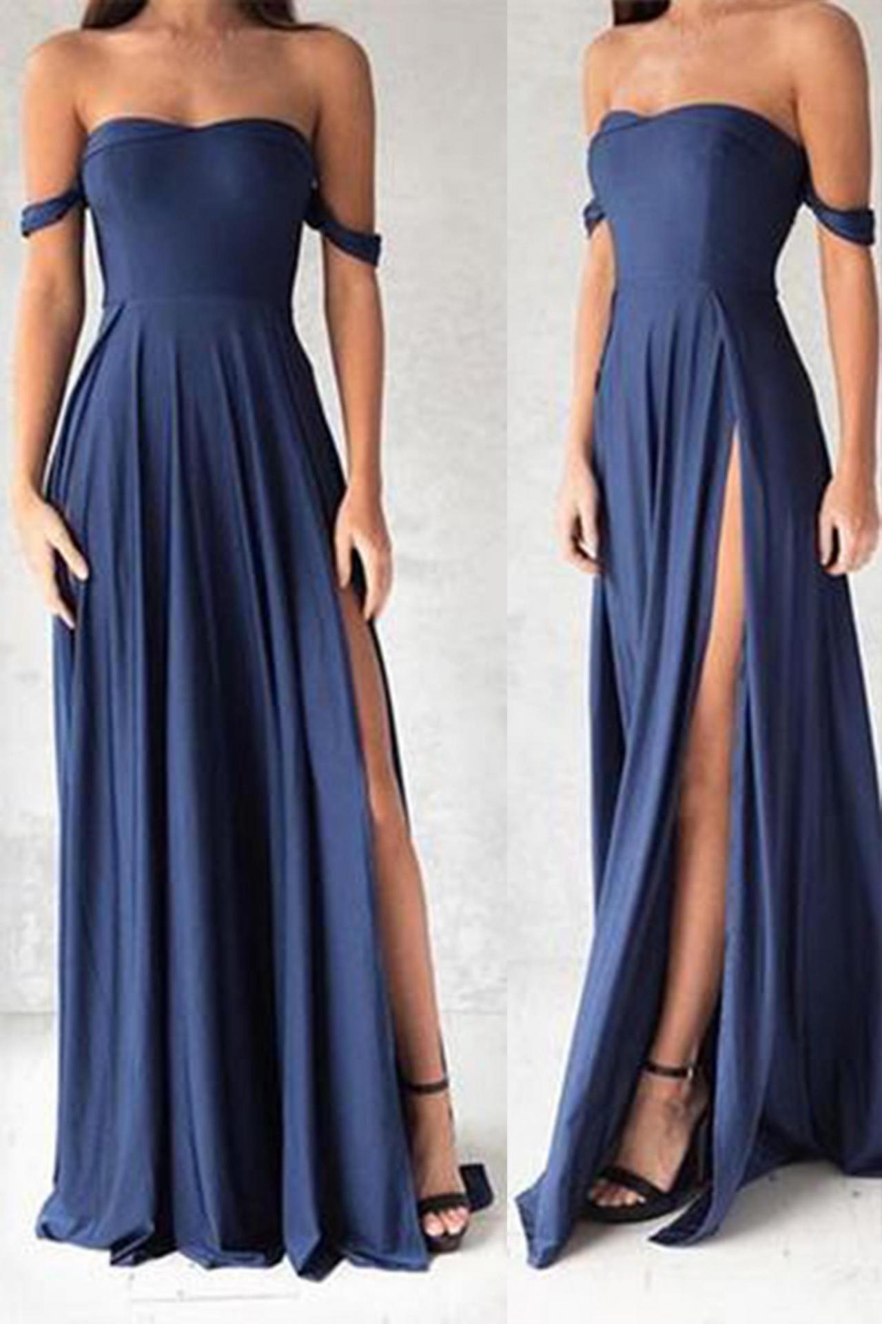 Blue Chiffon Off-shoulder Sweetheart A-line Long Prom Dress,simple Evening Dress