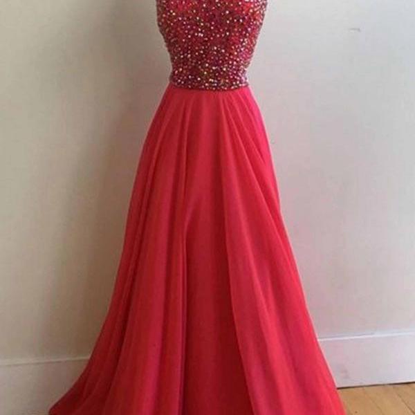 Red Chiffon Round Neck A-line Beading Prom Dresses,long Homecoming Dress on Luulla