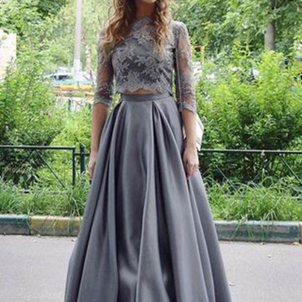 Gray Two Pieces Lace Sleeves Long Prom Dress, Gray Evening Dress on Luulla