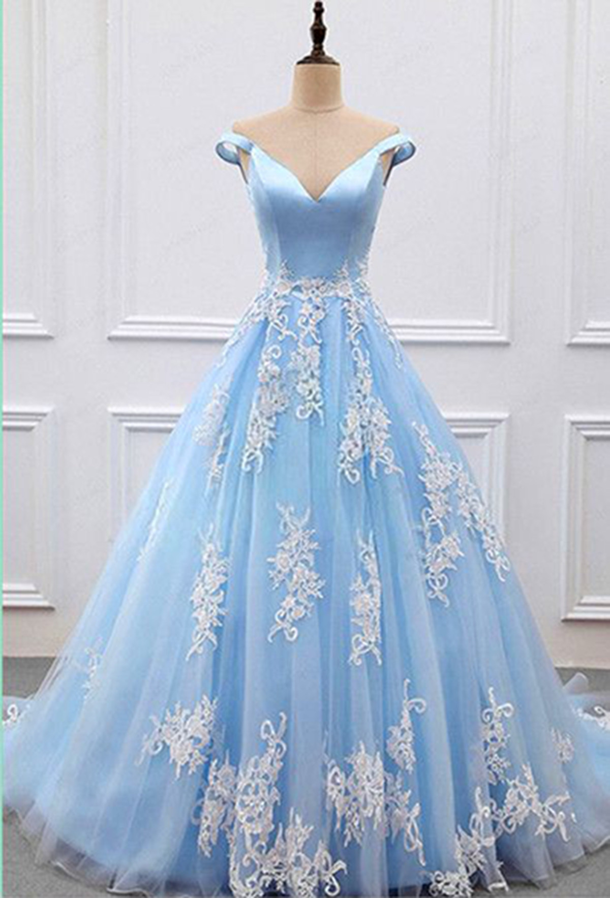 Stylish Blue V Neckline Off Shoulder Long Tulle Senior Prom Dress With Appliqués On Luulla 