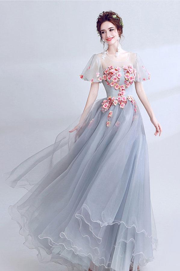 Unique Gray Lace Appliqué Long Prom Dress, Gray 3d Flower Evening Dress