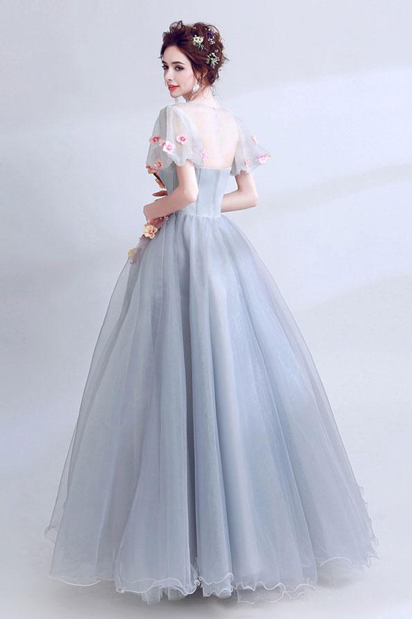 Unique Gray Lace Appliqué Long Prom Dress, Gray 3d Flower Evening Dress